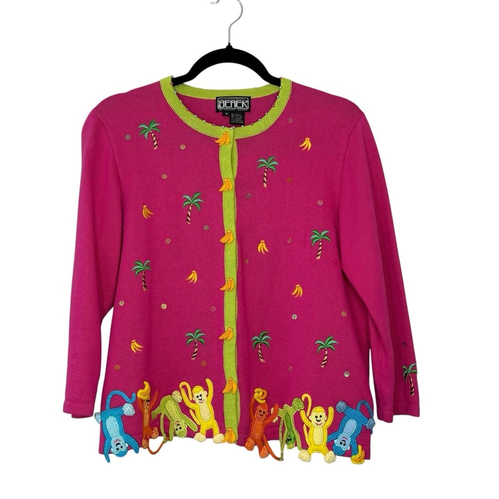 Berek โ Vintage Monkey Jungle Palm Tree Button Knit Cardigan Sweater Sz MD Pink